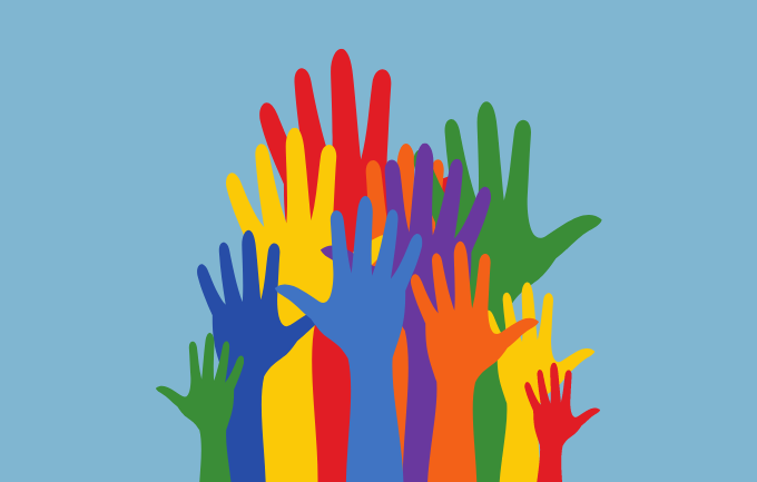 illustration of different color raised hands