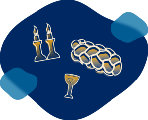 shabbat illustration with candle, wine cup, and challah